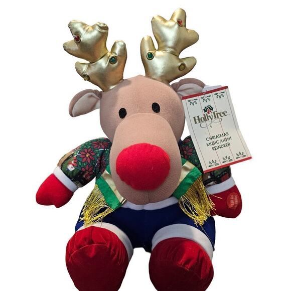 Vintage Holly Tree Christmas Music/ Light Reindeer Toy 13" 8+ Songs WORKS 80s - Picture 1 of 13